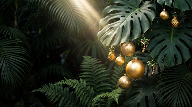 Tropical Christmas Ornaments Hanging on Monstera Leaf in Dark Garden for Holiday Banner