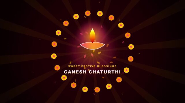 Ganesh Chaturthi greeting card illustration with a central lit oil lamp surrounded by marigold flowers and radiating light rays.