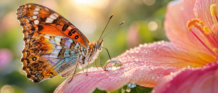 A butterfly with orange patterned wings drinks a dew drop from a pink hibiscus petal. Its long proboscis touches the water droplet in macro close-up. Macro nature banner and wildlife