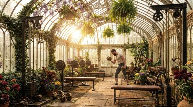 Botanical greenhouse gym filled with plants and sunlight.