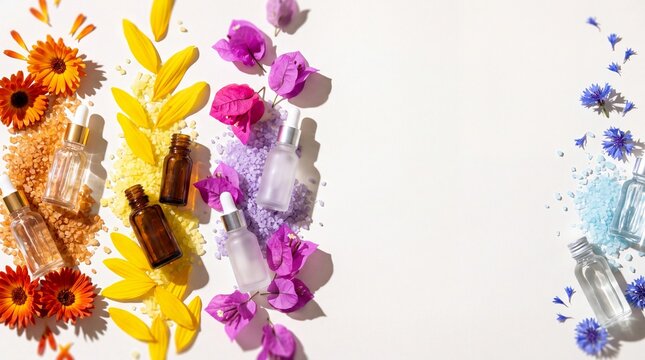 Minimalist Cosmetic Dropper Bottles and Organic Petals Flat Lay on Bright Studio Tabletop for Beauty Banner