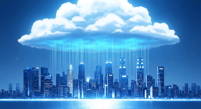 Futuristic city skyline connected to a large digital cloud with data streams
