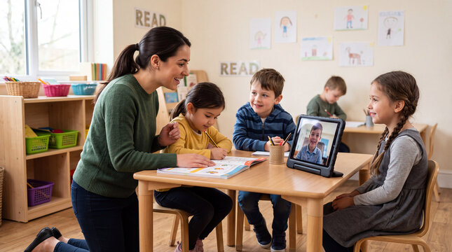 A teacher kneeling beside a table, assisting a young girl with her work while other children participate in a virtual learning session with a classmate on a tablet.