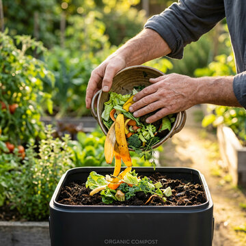 Person dumping organic kitchen waste into a compost bin in a vegetable garden.