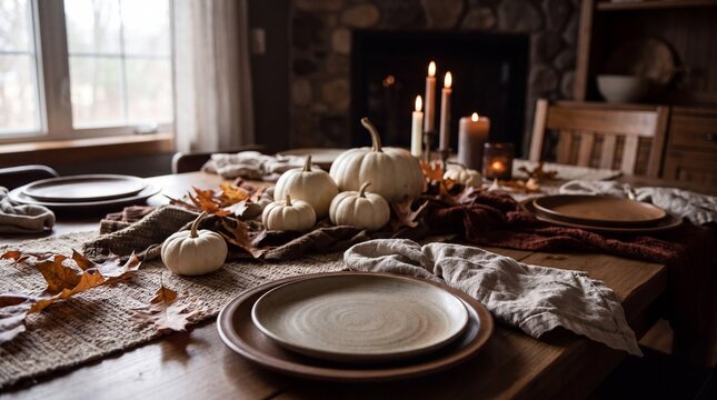 Rustic Thanksgiving Table Setting with Ceramic Plates and Pumpkins for Holiday Dining Website Banner