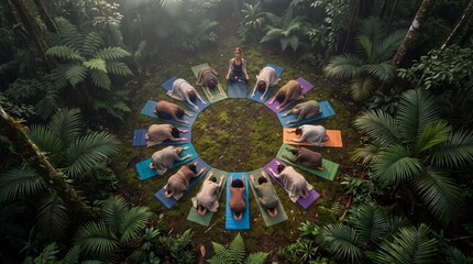 Obraz premium Overhead View of Diverse Group Meditating on Yoga Mats for Wellness Retreat Banner