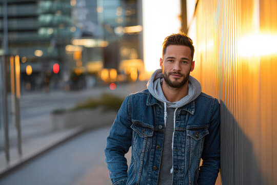 A young man in a denim jacket leans against a wall with a blurred urban background at sunset.