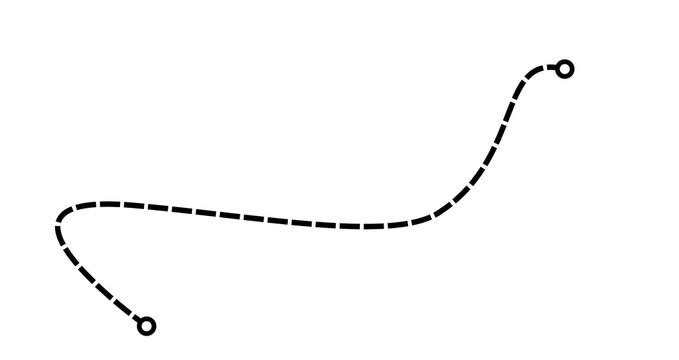 Dashed Line Route, Black Curved Dashed Path with Two Circle Pins, Starting and Ending Point, Transparent background, Navigation Concept.