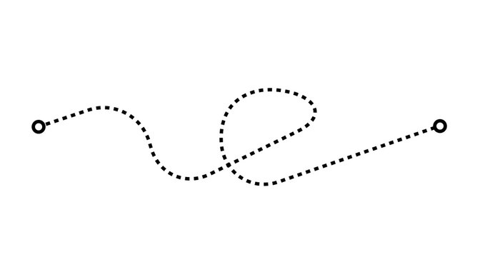Dashed Line Looped Route, Black Curved Path with Circle Pins on Transparent background.