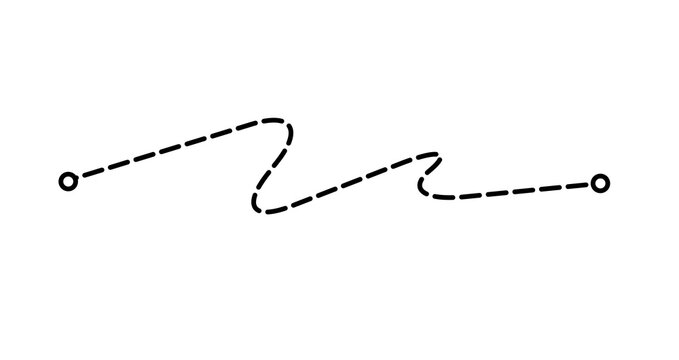 Dashed Line Zigzag Route, Black Wavy Curved Path with Circle Pins on Transparent background.