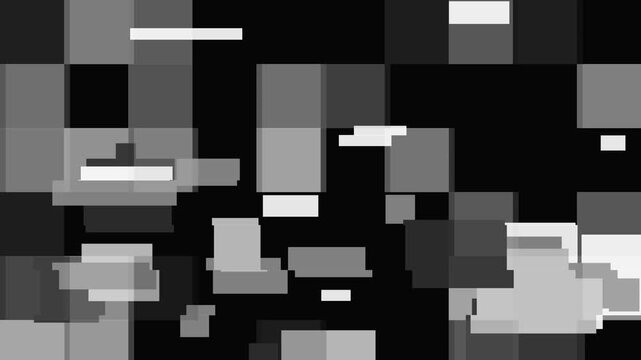 Black and white giant pixel block shuffle animation, abstract glitch motion background with no text