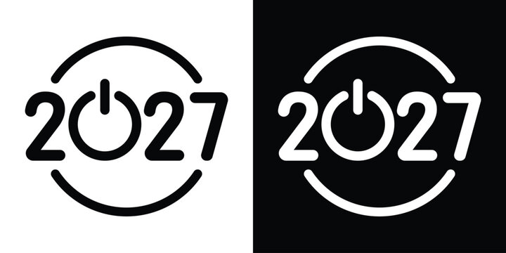 Minimalist 2027 power button logo icon concept isolated on black and white background. Creative typography design for Happy New Year start, future technology, and launch banner vector template.