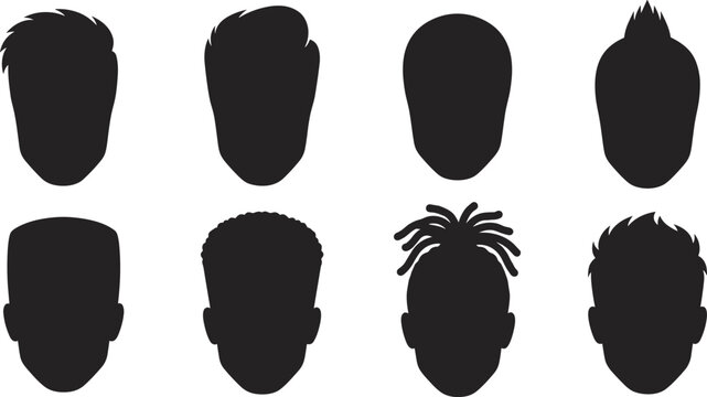 Set of black silhouettes of men hairstyles and face shapes featuring various haircuts and styles