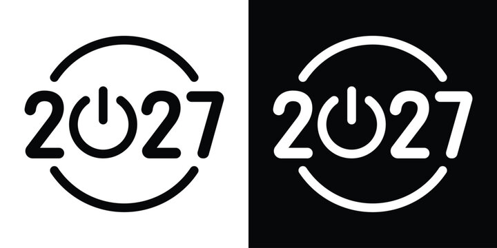 Minimalist 2027 power button logo icon concept isolated on black and white background. Creative typography design for Happy New Year start, future technology, and launch banner vector template.