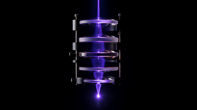 A vibrant purple plasma beam emits from a scientific apparatus featuring stacked glass lenses and metal components against a stark black background, symbolizing energy transfer.