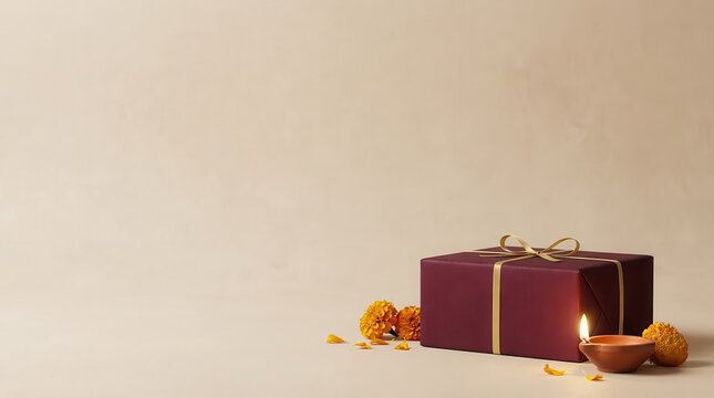 Minimal Diwali festive celebration banner featuring a beautifully wrapped burgundy gift box, orange marigold flowers and decorative elements on a soft beige background with ample copy space