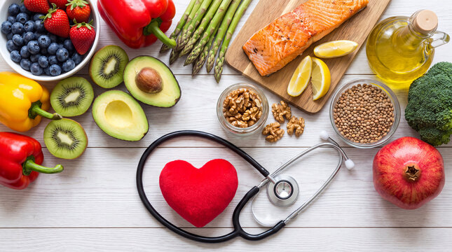 Heart Healthy Food and Balanced Diet with Salmon, Avocado, Vegetables, Berries, Nuts and Olive Oil, Nutrition and Wellness Flat Lay