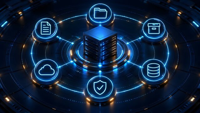 Cloud computing and database management system concept showing central network server surrounded by glowing digital icons for security data storage and file sharing