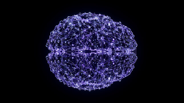Luminous purple neural network resembling a brain, pulsing with light particles against a dark void, representing consciousness and artificial intelligence.