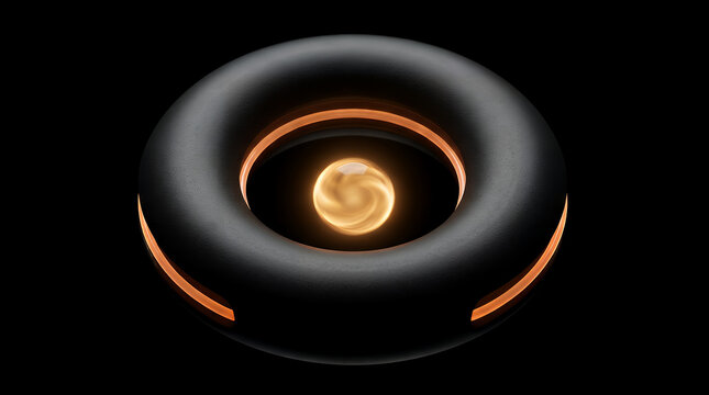 Sleek, matte black toroidal object with glowing orange accent lines around its inner rim and a swirling, luminous golden core radiating energy in the center.
