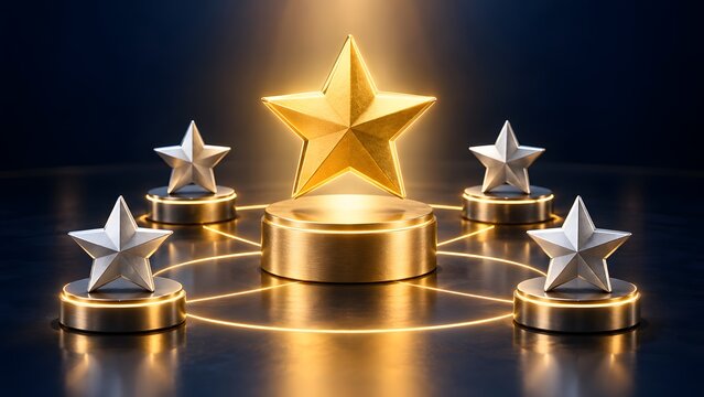 Premium quality rating and leadership concept showing glowing golden star on central podium connected to silver stars over dark reflective background