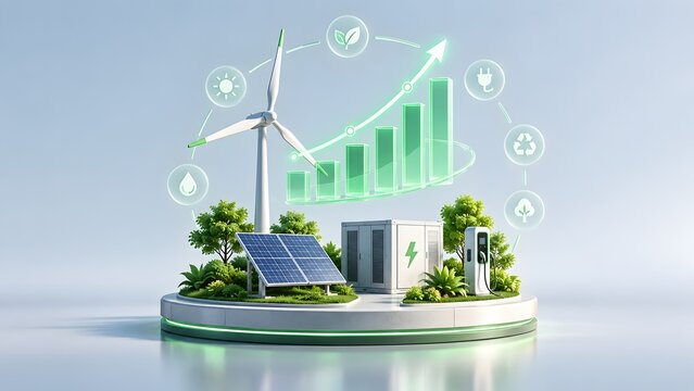 Renewable green energy transition and sustainable ESG growth concept featuring solar panels wind turbine battery storage and rising economic chart