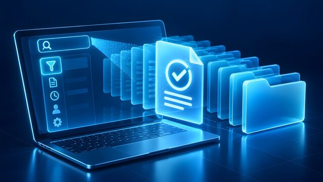 Digital DMS document management system and electronic archiving concept displaying laptop computer with glowing holographic file folders and verified checkmark