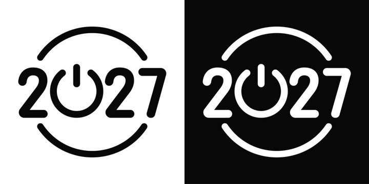 Minimalist 2027 power button logo icon concept isolated on black and white background. Creative typography design for Happy New Year start, future technology, and launch banner vector template.