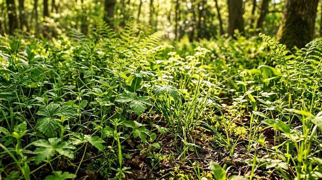 Lush forest floor bathed in sunlight, with vibrant green foliage and ferns.
