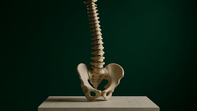 Human spine anatomy model standing on white pedestal with skeleton