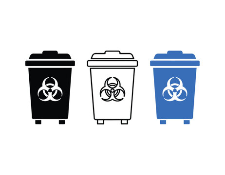 Trash can vector icons set with biohazard symbol on bins