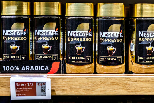  Close-Up Of A RowOf Nescafe Gold Blend Espresso Instant Coffee Jars With One Third Price Reduction Label In Waitrose
