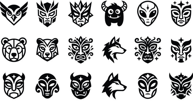 Mascot and avatar silhouette icon set animal wolf bear alien monster tribal mask vector illustration isolated on white background