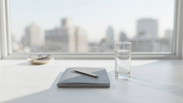 Close up of a notebook and pen with a glass of water on a sunlit desk with urban background office desk blurred background daily planning still life minimalist office