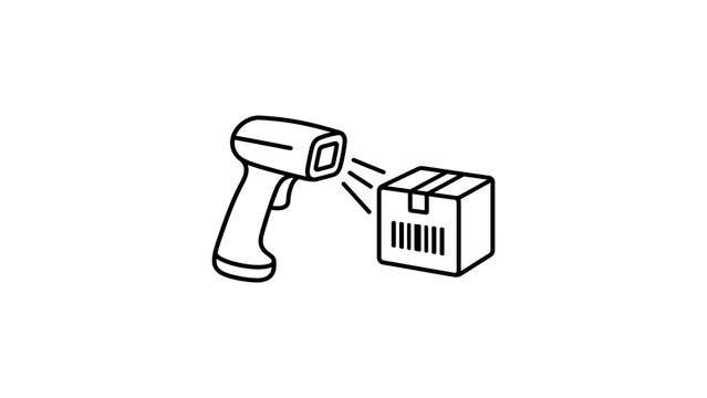 Black and white icon of barcode scanner scanning package for inventory management.