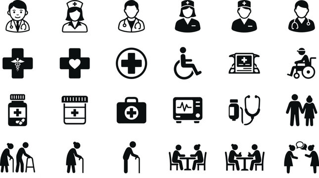 Elderly nursing home medical care solid icon set doctor patient wheelchair senior citizens vector illustration isolated on white background