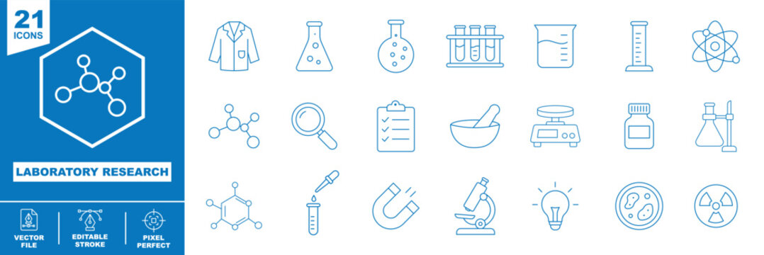 Science and laboratory equipment outline icons including microscope test tubes chemistry glassware with laboratory icon. Scientific research line icon set editable stroke vector illustration for labor