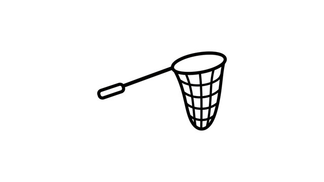 Handheld fishing net outline icon showing mesh scoop for catching fishes.