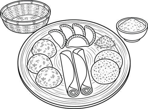 Vector illustration of a plate filled with various traditional pitha cakes accompanied by a bowl and basket traditional food asian sweets rice cakes sweet pastries dessert plate food platter
