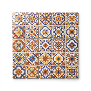 Vintage Mediterranean ceramic tiles, collection of 25 decorative azulejo mosaic patterns, blue and terracotta clay tile set for interior design isolated PNG with Transparent Background