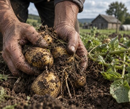 Fresh Harvest: A close-up shot of a farmer's hands digging up freshly grown potatoes from the fertile soil of a farm field, showcasing the bounty of the land.
