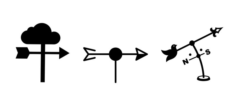 Set of three vintage style weather vane silhouettes indicating wind direction with wind indicator directional tool weather station vector illustration black silhouette decorative vane