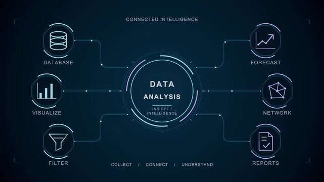 Data analysis reveal interface connected intelligence database forecast reports network A blue system connects data charts forecasts and reports for analytics branding and business presentations