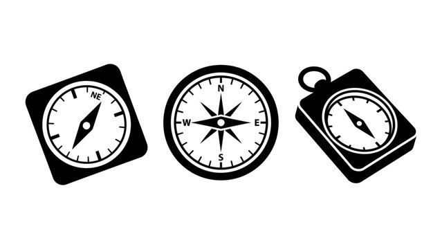 Collection of three navigation compass silhouettes for direction finding with map reading magnetic compass finding way travel icon vector illustration black silhouette navigation tool
