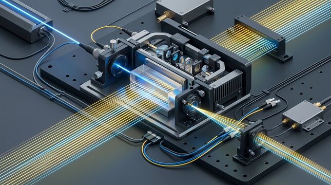 Optical frequency comb and laser beam splitter system on lab breadboard