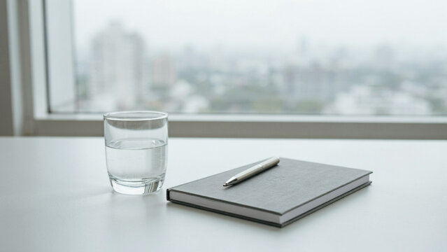 Minimalist office workspace featuring a notebook and pen beside a glass of water near a window office desk clear water home office desk setup time management still life