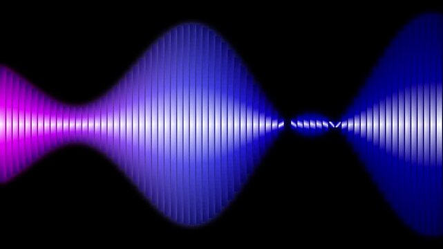 Abstract sound wave equalizer with vibrant purple and pink glowing bars on a black background, representing music, audio, or digital technology