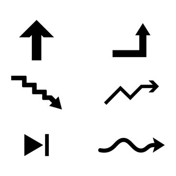 Set of black arrow icons including straight bent zigzag and wavy directional symbols directional