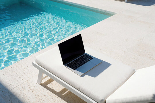 Laptop rests on white deckchair beside blue swimming pool water. Remote work setup offers comfort and mobility. Work from anywhere concept.