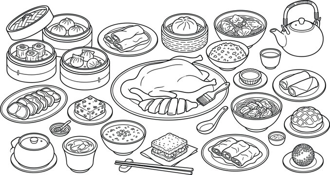 Chinese dim sum and canton cuisine vector set with roast duck bamboo steamers dumplings spring rolls soup teapot and dessert collection